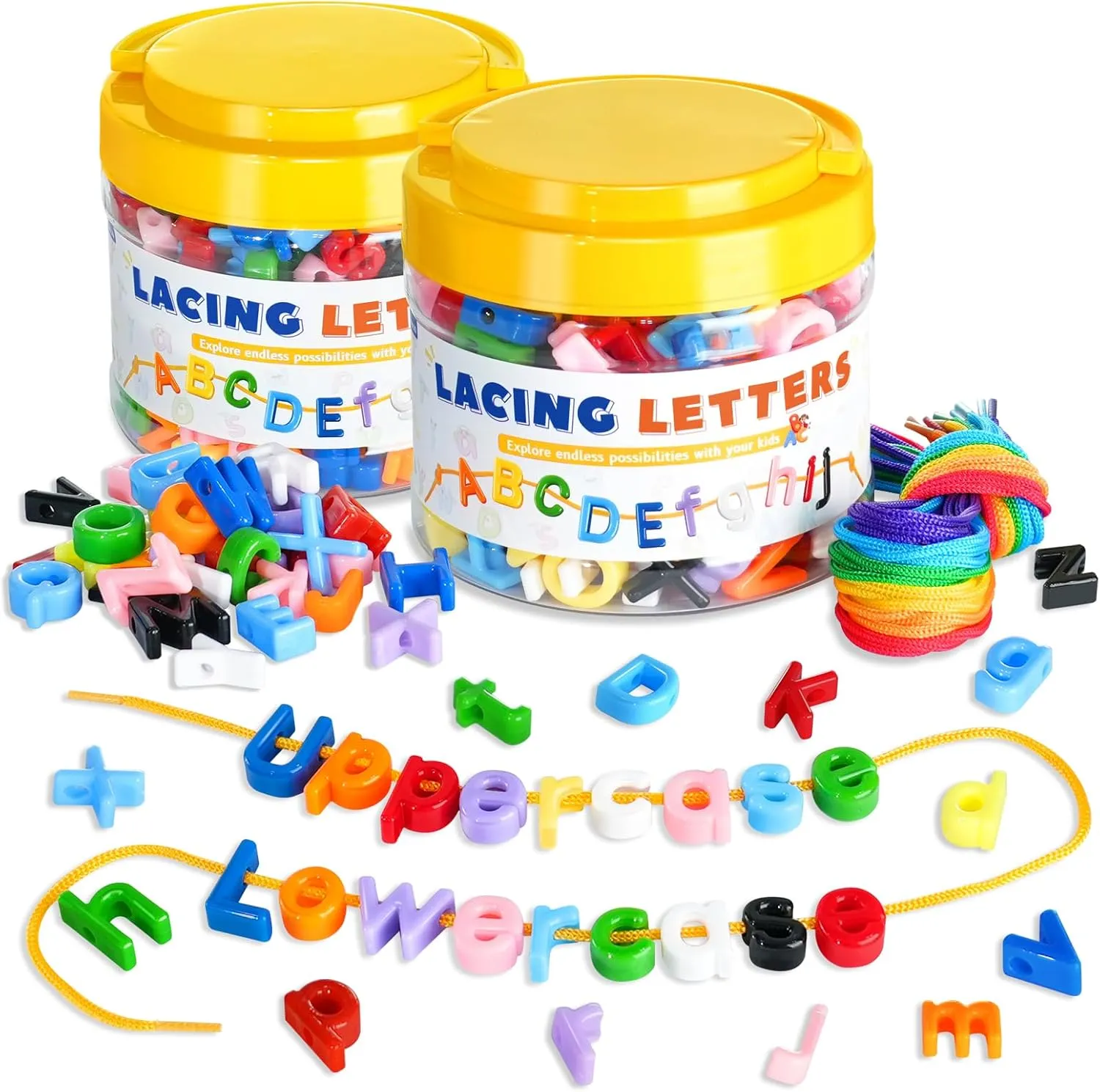 556 Pcs Lacing Letters Beads, Uppercase and Lowercase Alphabet Learning Toys, 10 Color Rainbow Alphabet Beads with 36 Laces, Preschool & Home Educational Toy for Kids Ages 3 , Back to School Supplies
