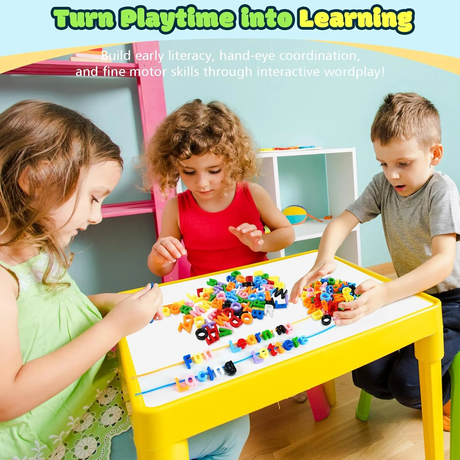 556 Pcs Lacing Letters Beads, Uppercase and Lowercase Alphabet Learning Toys, 10 Color Rainbow Alphabet Beads with 36 Laces, Preschool & Home Educational Toy for Kids Ages 3 , Back to School Supplies