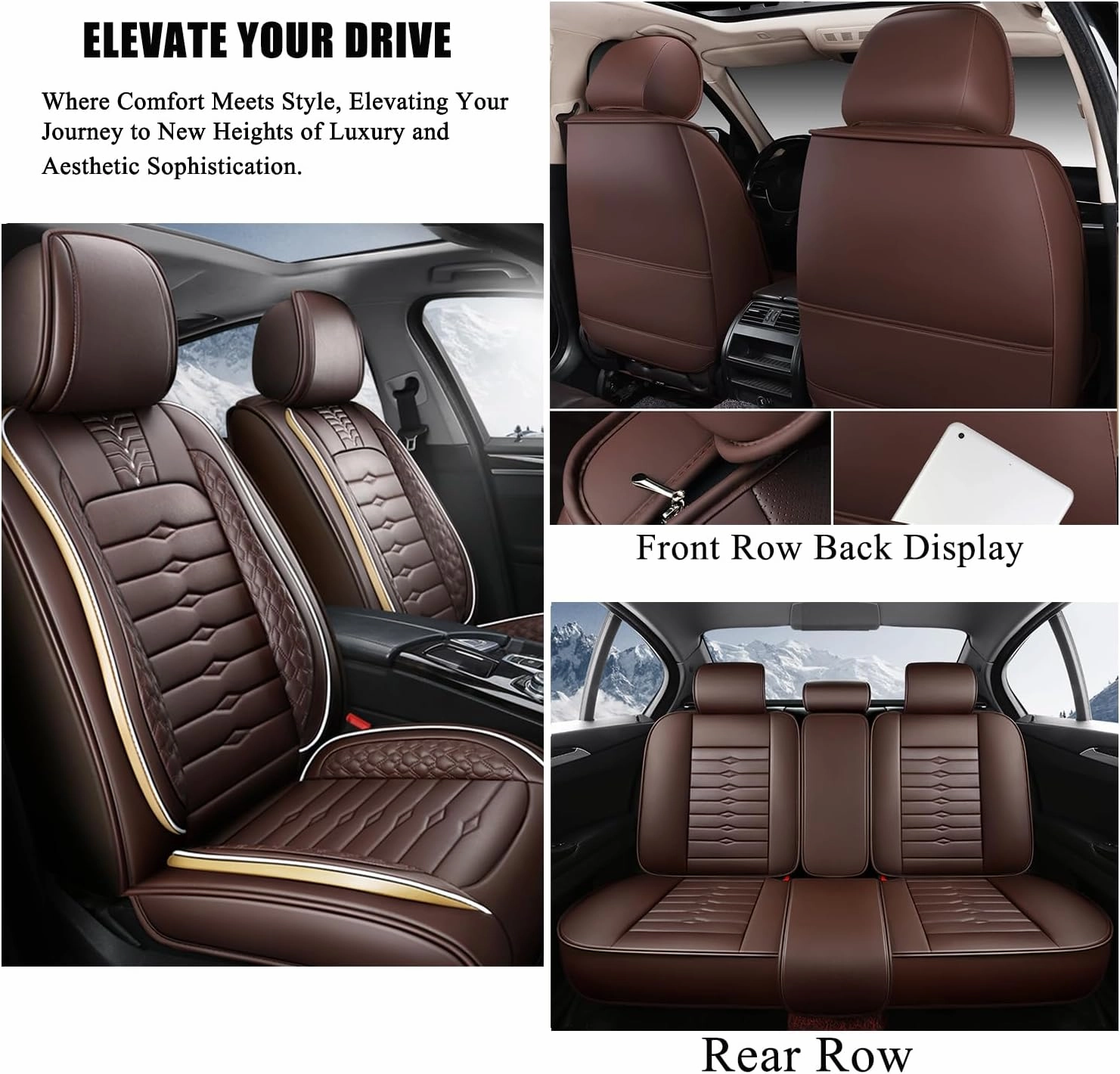 5 Seat Covers for Hyundai Elantra 2002-2024 Napa Leather Seat Covers Water and Dust Resistant Soft Car Seat Protectors Comfortable Car Seat Covers with Airbags (Brown, Luxury)