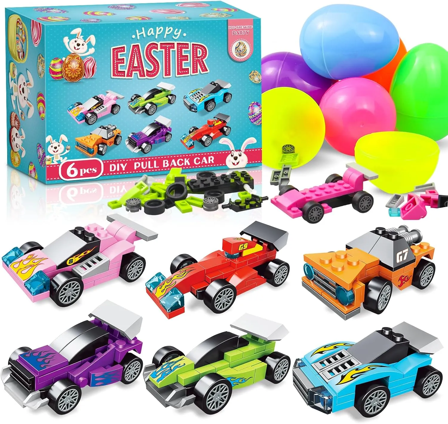 6 Pcs Pre Filled Easter Eggs Car Easter Basket Stuffers Filled with Pull-Back Race Car for Kids School Party Easter Egg Hunt Supplies Classroom Prizes for Boys Girls