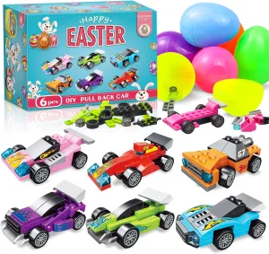 6 Pcs Pre Filled Easter Eggs Car Easter Basket Stuffers Filled with Pull-Back Race Car for Kids School Party Easter Egg Hunt Supplies Classroom Prizes for Boys Girls