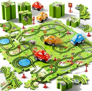 64 Pc Puzzle Race Track Car Set Toys for Kids, Toddler Gifts for 3-5 Year Olds, Ideal 3-6 Year Old Boys Birthday Gifts
