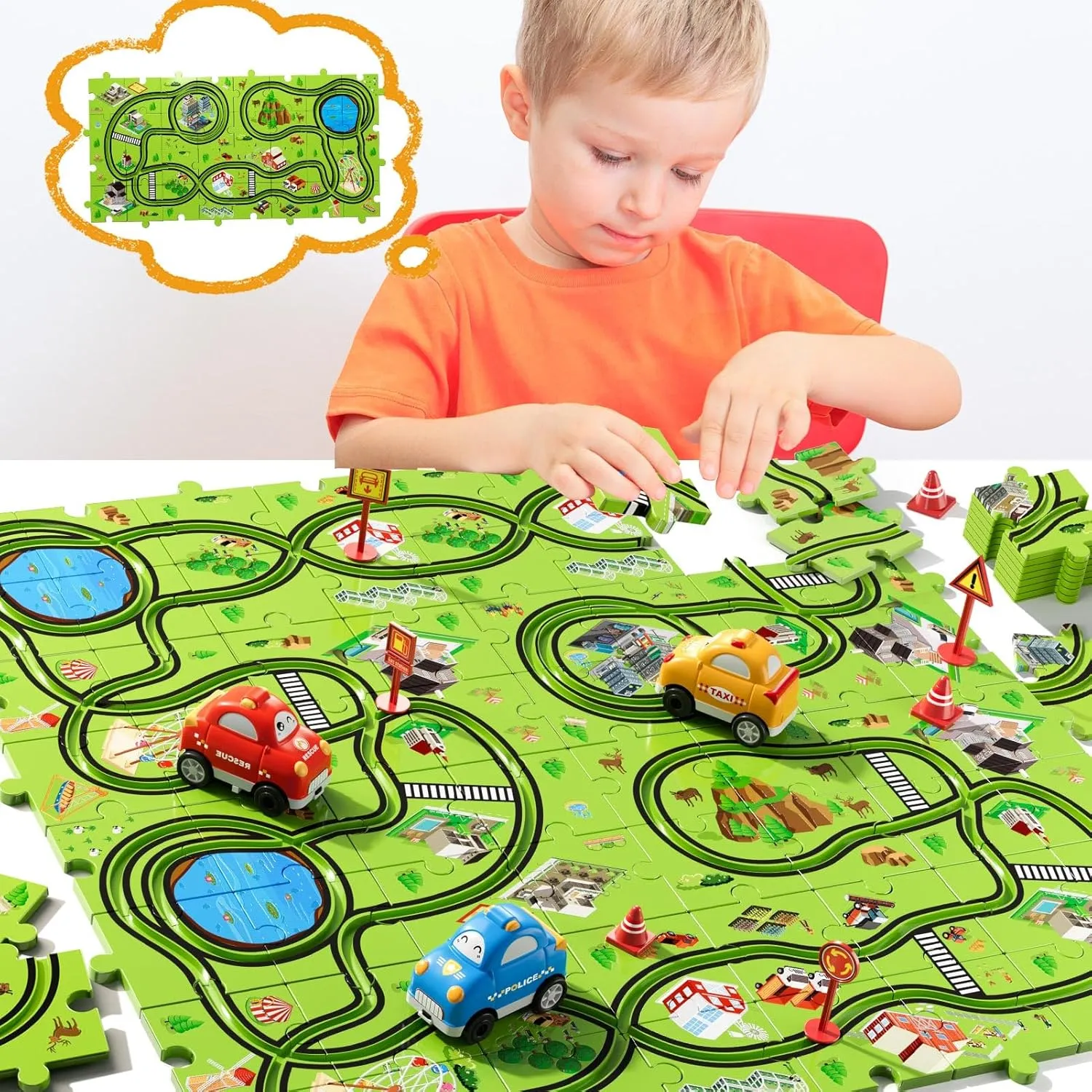 64 Pc Puzzle Race Track Car Set Toys for Kids, Toddler Gifts for 3-5 Year Olds, Ideal 3-6 Year Old Boys Birthday Gifts