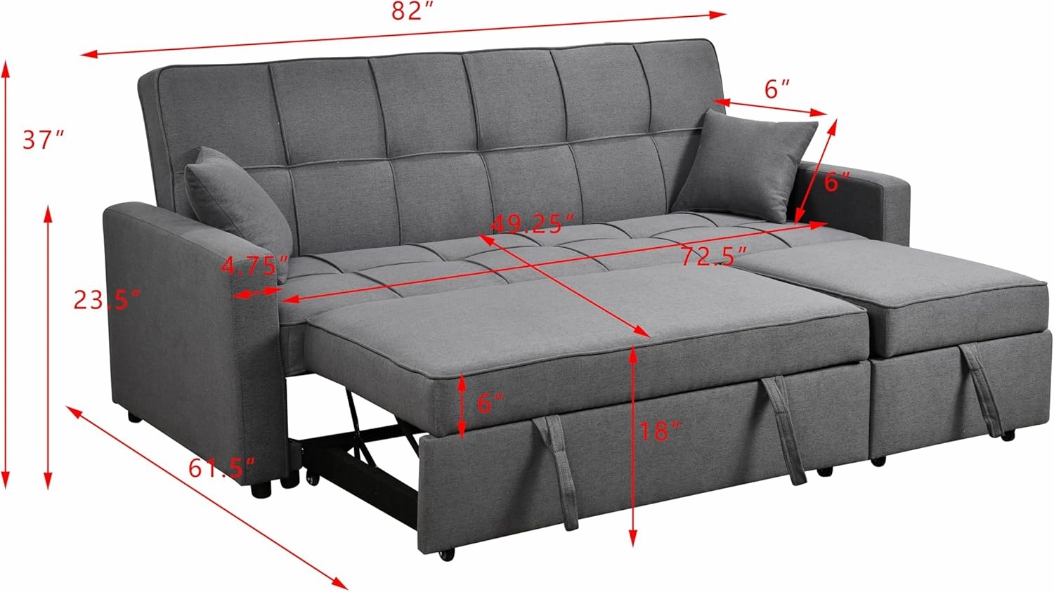 82'' 3 Seats Queen Size Sleeper Sofa Couch with Pull Out Bed, Convertible Sofas with Adjustable Backrest, Couches with Pullout Chaise for Living Room and Small Space, Dark Grey