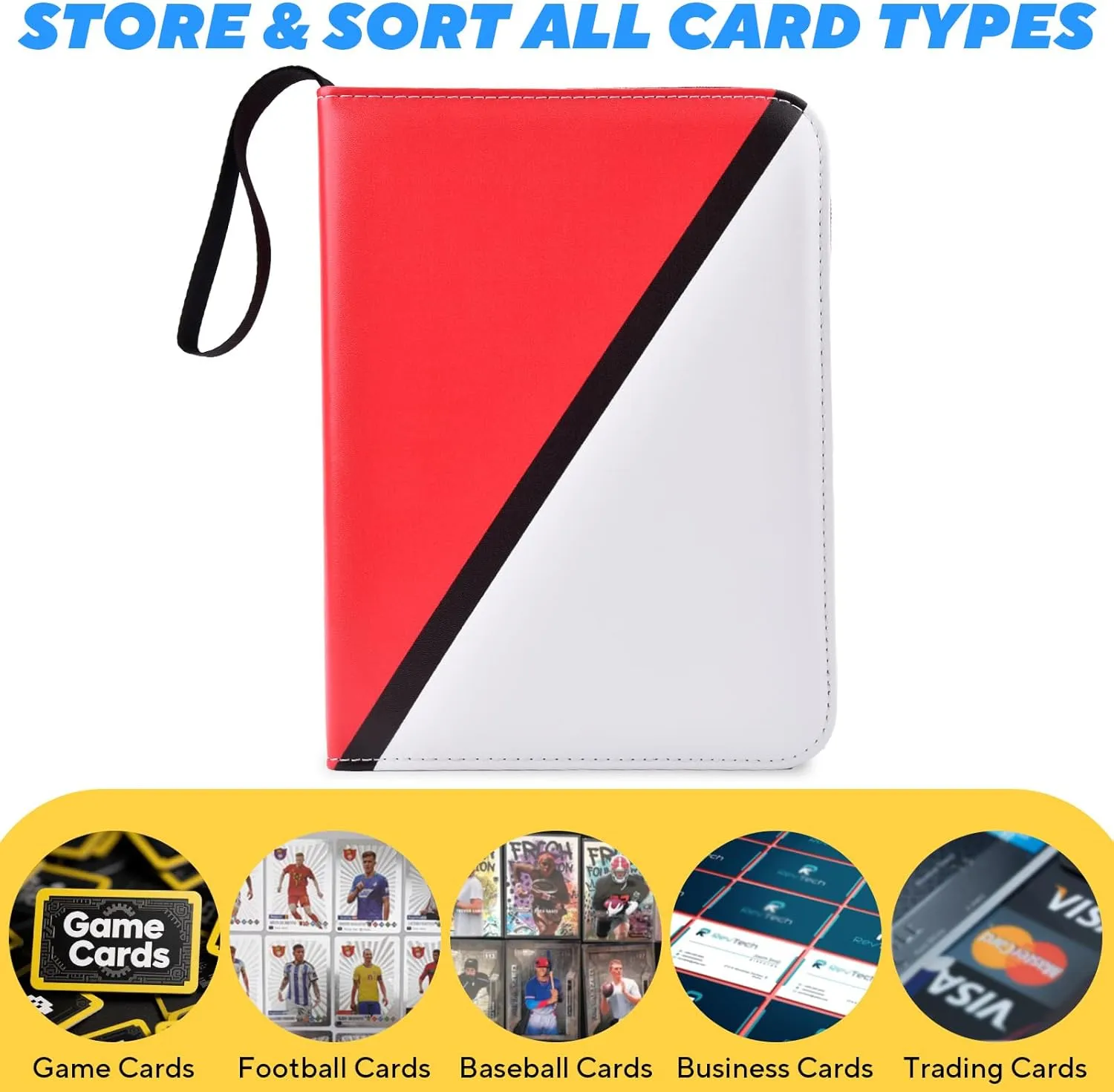 9-Pocket Trading Card Binder, 990 Card Capacity with 55 Removable Sleeves, Diagonal Red & White Design Baseball Card Binder, Card Collector Album for Sports, Game Cards, Kids & Hobbyists