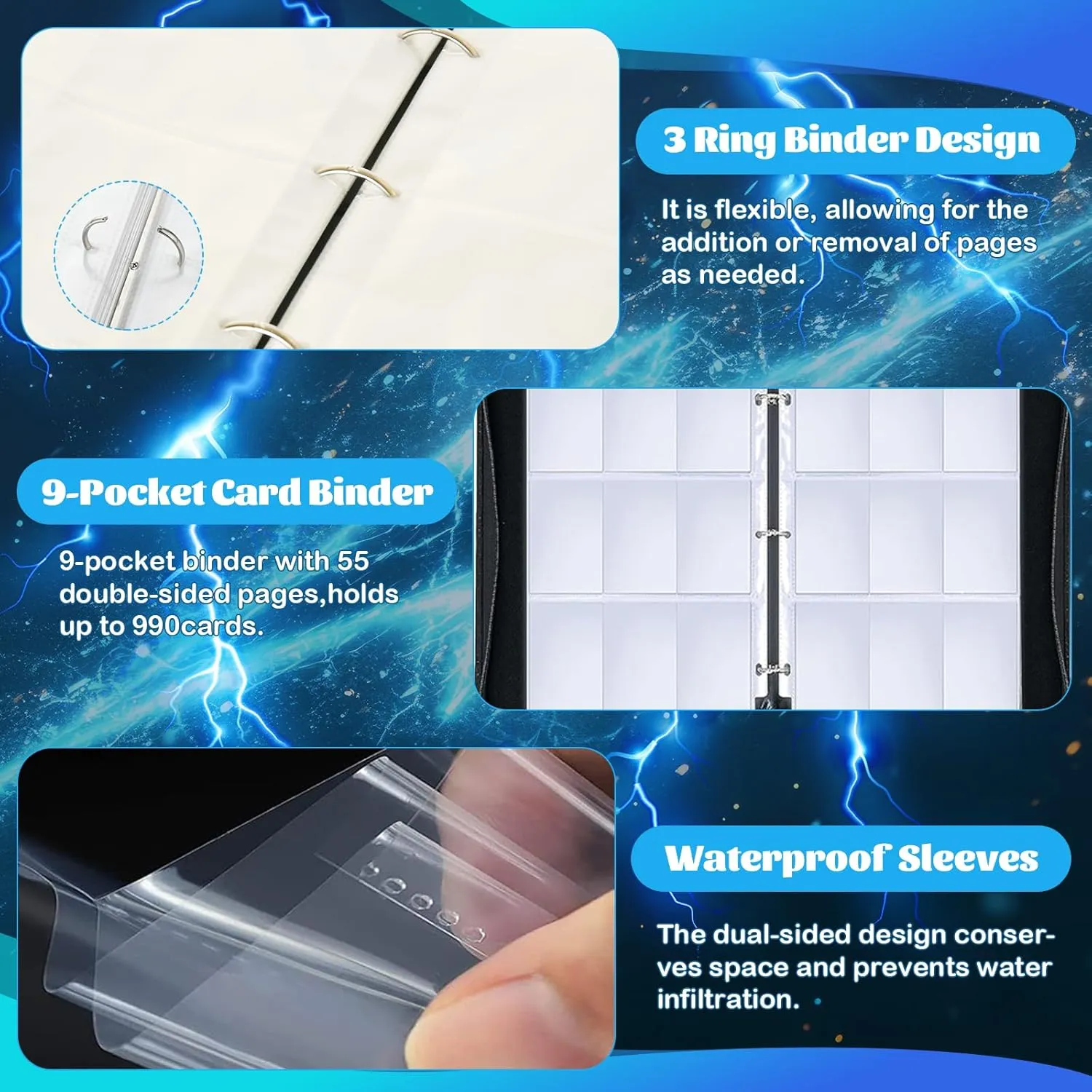 9-Pocket Trading Card Binder – Holds 900 Cards with 50 Removable Sleeves, Waterproof Card Holder Album for Standard Size Cards, Portable Collector Storage & Display Case