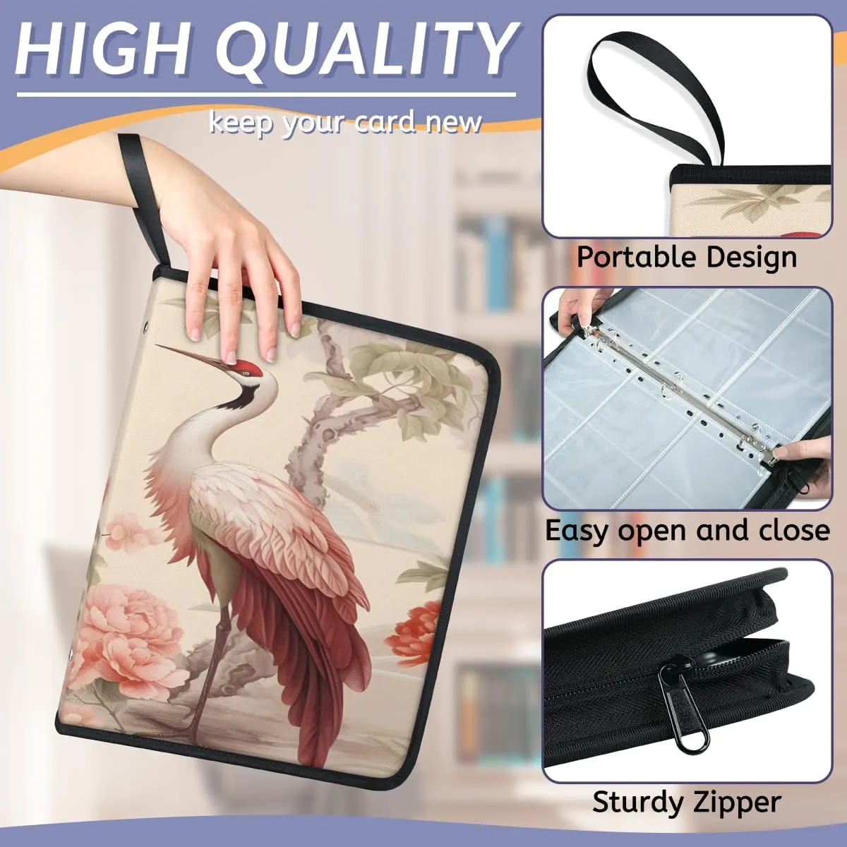 900 Card Binder 9 Pocket Cranes Painting Portable Trading Cards Holder Collector Album for Sports Game Cards 50 Pages Removable Sleeves Double Sided Pocket Sturdy Zipper Gifts Ready