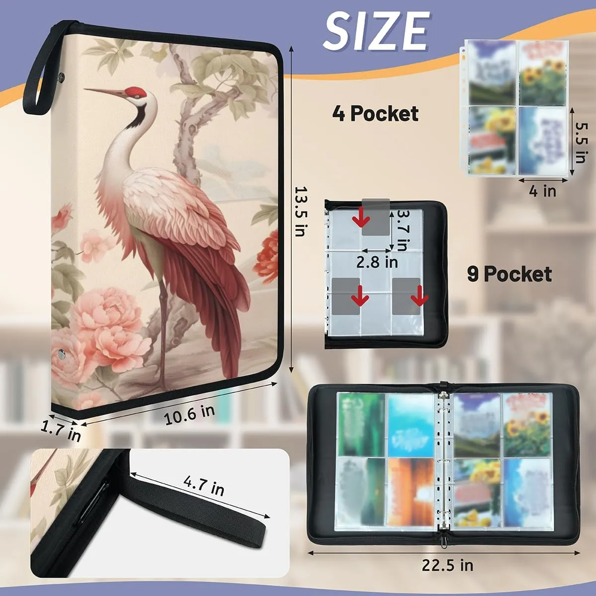 900 Card Binder 9 Pocket Cranes Painting Portable Trading Cards Holder Collector Album for Sports Game Cards 50 Pages Removable Sleeves Double Sided Pocket Sturdy Zipper Gifts Ready