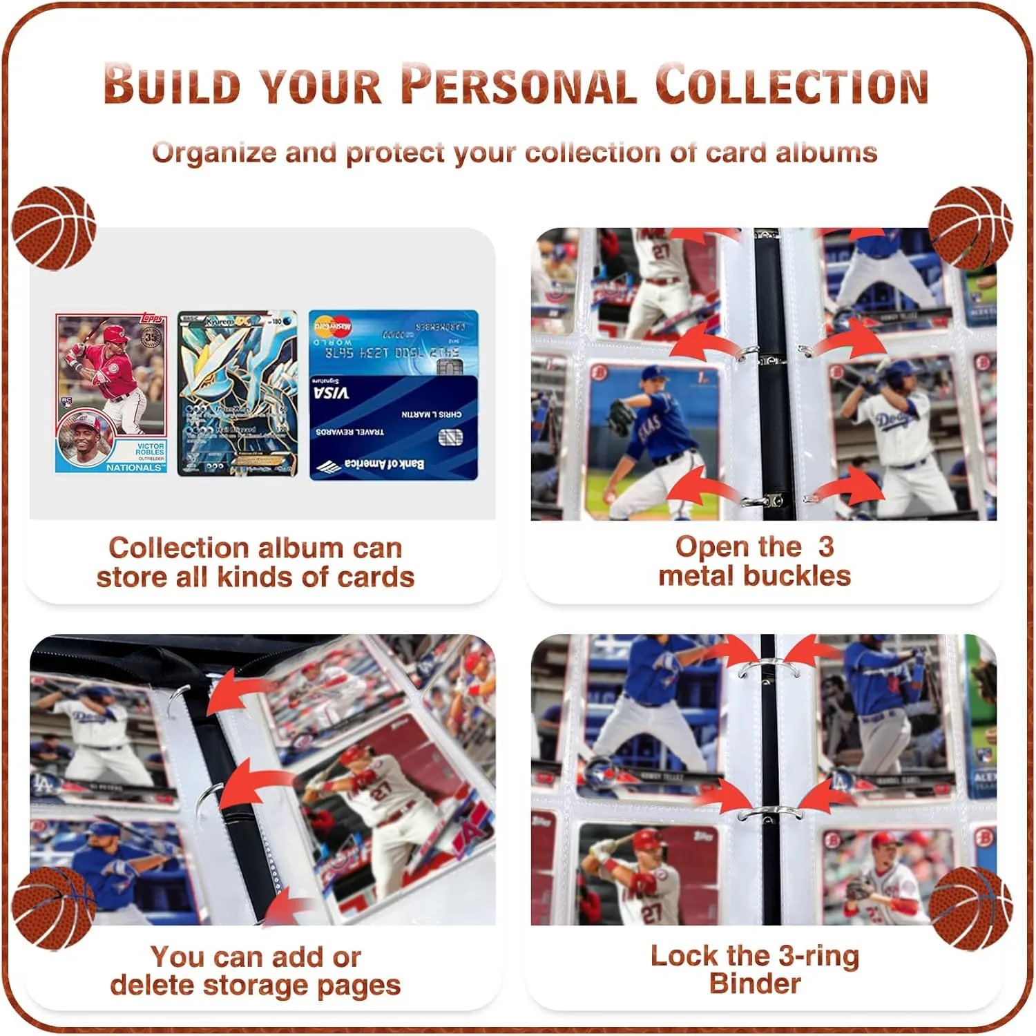 900 Cards Basketball Card Binder,9 Pocket with 900 Cards Trading Card Albums Sleeve Protectors,Card Storage Case Fits for Collecting Baseball,Hockey,Football,Basketball Or Gaming Trading Cards
