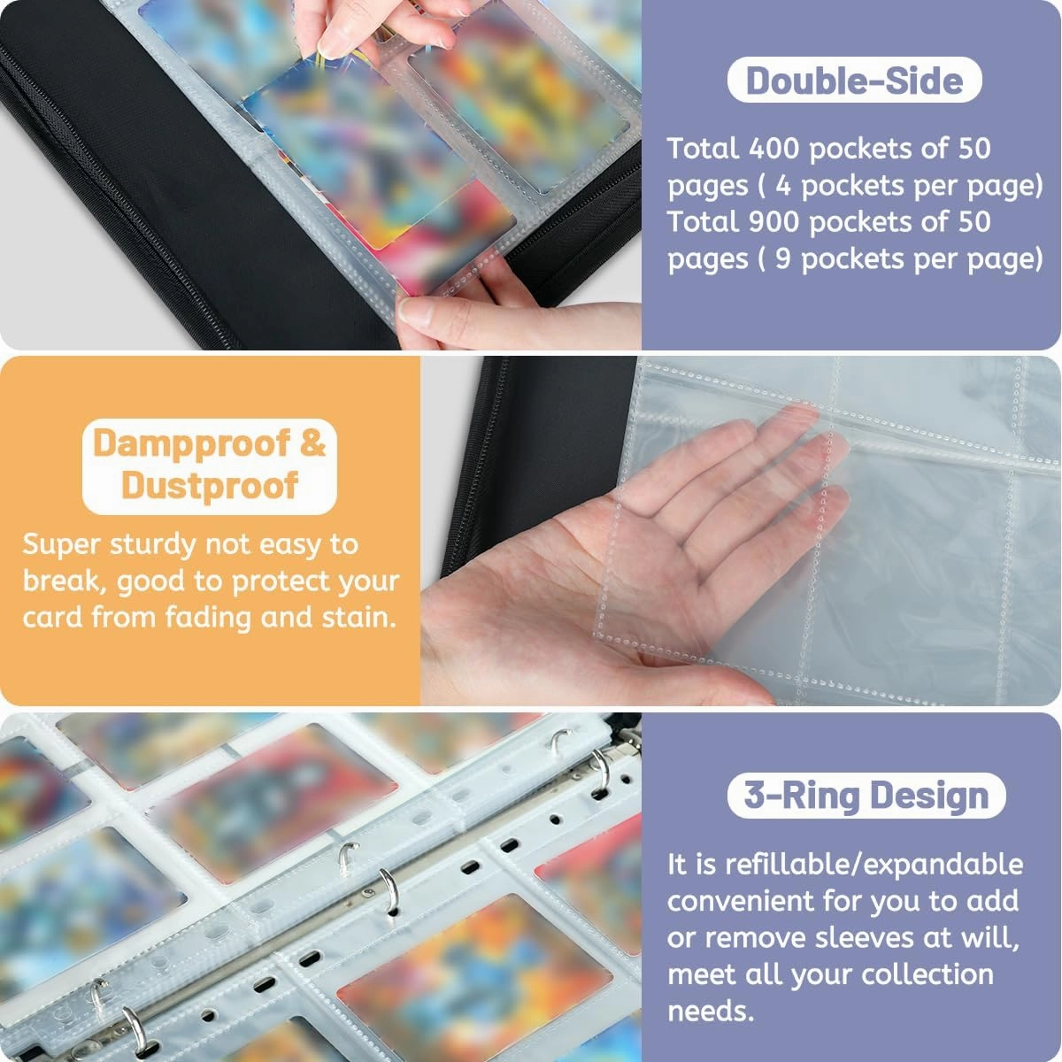 900 Card Binder 9 Pocket Seaside Castle Painting Portable Trading Cards Holder Collector Album for Sports Game Cards 50 Pages Removable Sleeves Double Sided Pocket Sturdy Zipper Gifts Ready