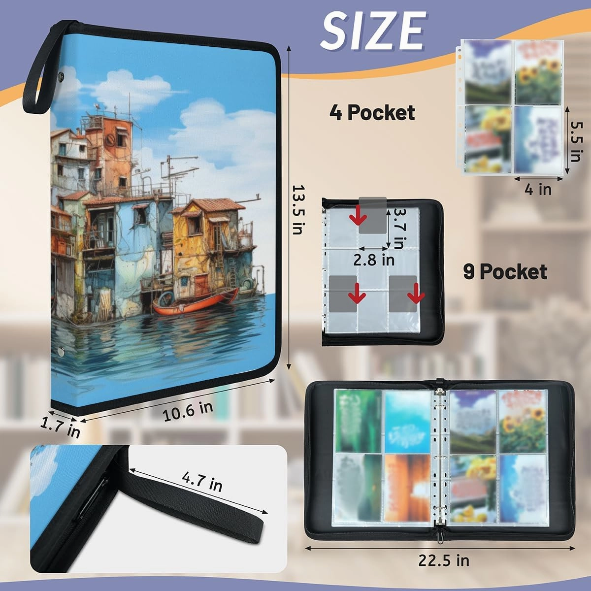 900 Card Binder 9 Pocket Seaside Castle Painting Portable Trading Cards Holder Collector Album for Sports Game Cards 50 Pages Removable Sleeves Double Sided Pocket Sturdy Zipper Gifts Ready