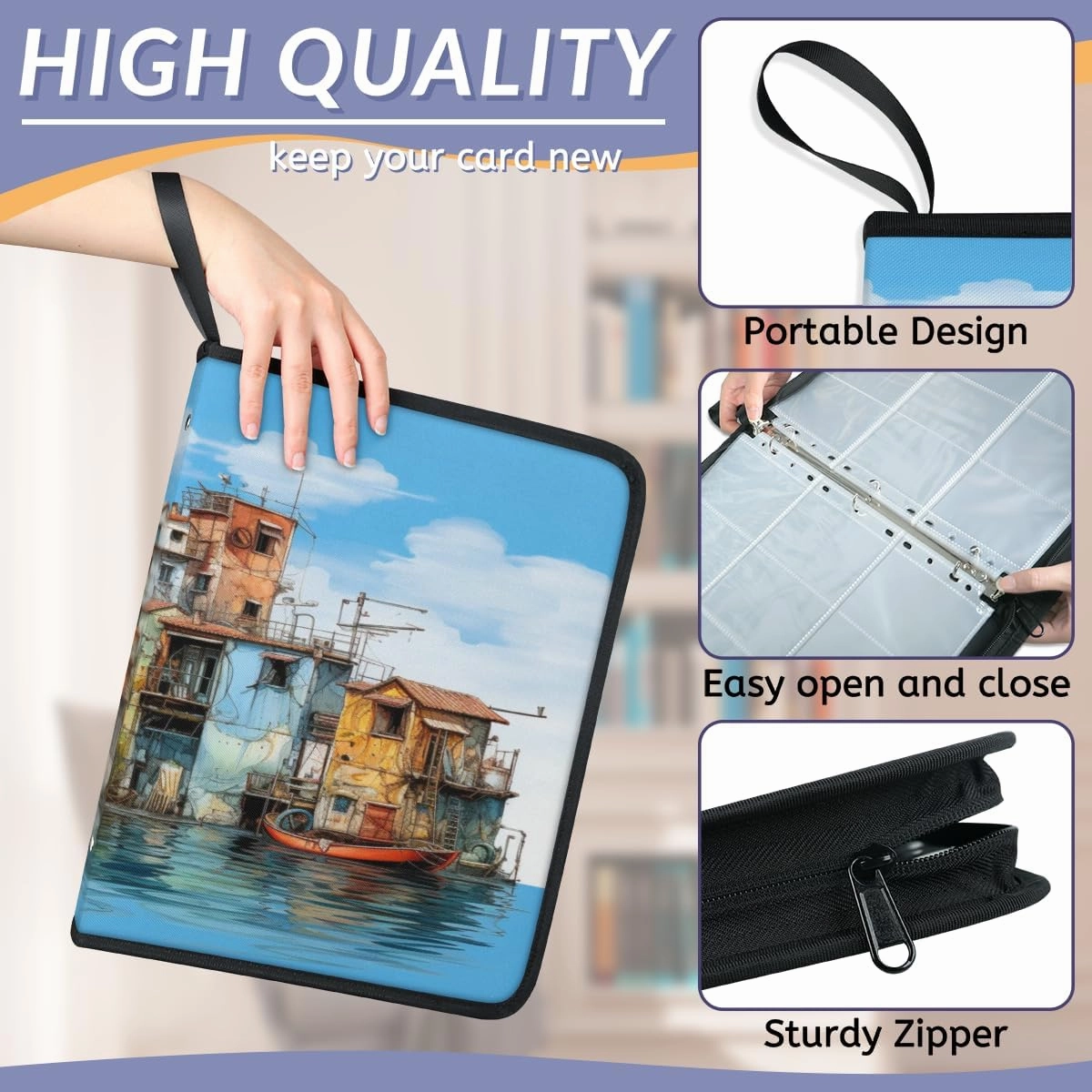 900 Card Binder 9 Pocket Seaside Castle Painting Portable Trading Cards Holder Collector Album for Sports Game Cards 50 Pages Removable Sleeves Double Sided Pocket Sturdy Zipper Gifts Ready