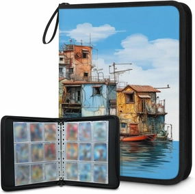 900 Card Binder 9 Pocket Seaside Castle Painting Portable Trading Cards Holder Collector Album for Sports Game Cards 50 Pages Removable Sleeves Double Sided Pocket Sturdy Zipper Gifts Ready