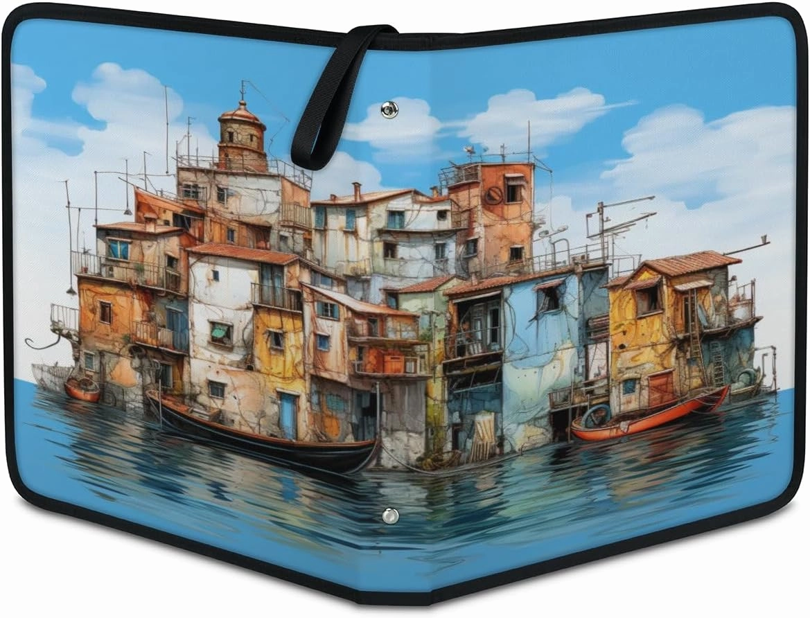 900 Card Binder 9 Pocket Seaside Castle Painting Portable Trading Cards Holder Collector Album for Sports Game Cards 50 Pages Removable Sleeves Double Sided Pocket Sturdy Zipper Gifts Ready