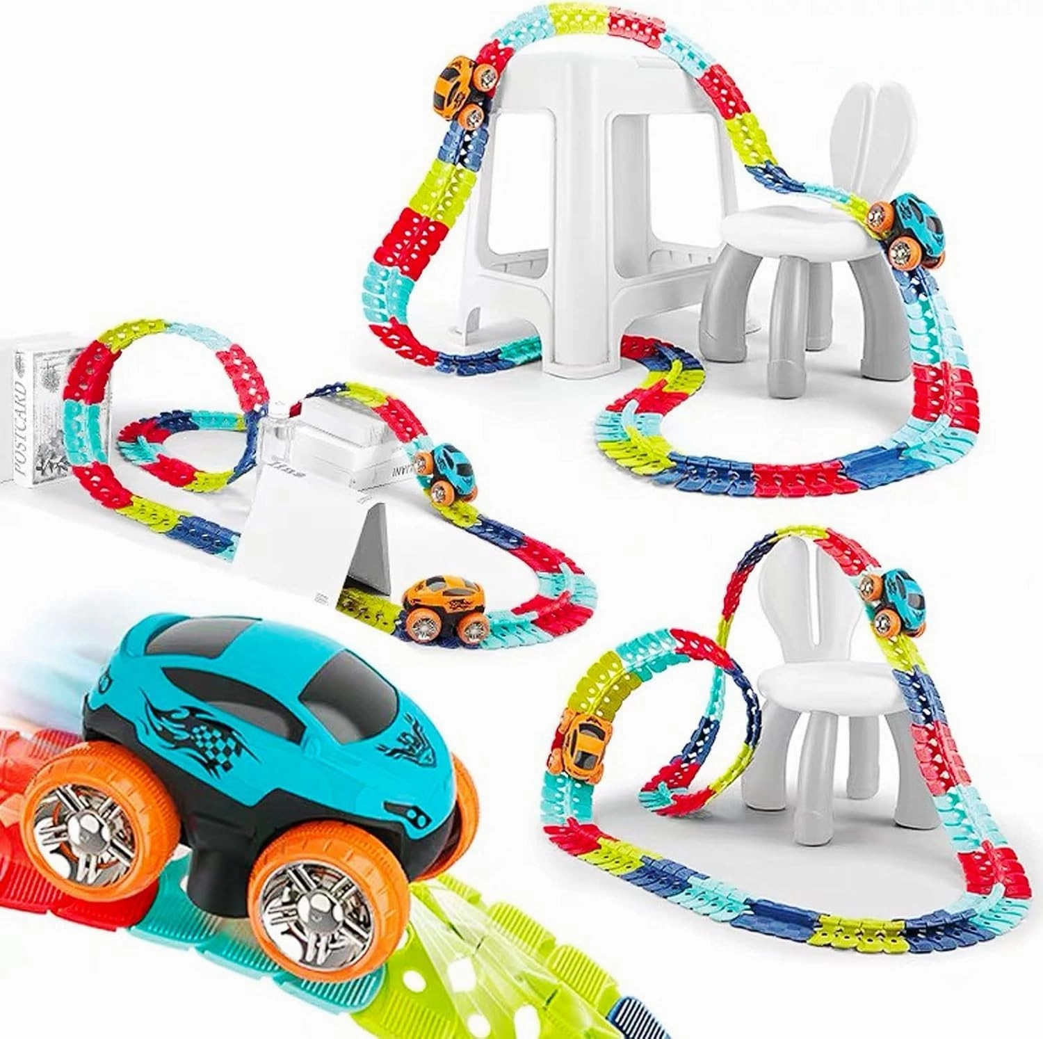 92 PCS Set of Children's Track car Toys, Glow in The Dark Race Track Toys，Track Racing Toy car with one car and Two car Shells, 3, 4, 5, 6-Year-Old boy and Girl Birthday Gift Set