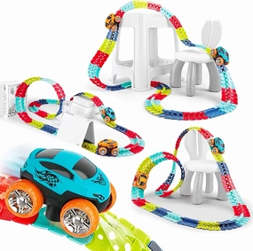 92 PCS Set of Children's Track car Toys, Glow in The Dark Race Track Toys，Track Racing Toy car with one car and Two car Shells, 3, 4, 5, 6-Year-Old boy and Girl Birthday Gift Set