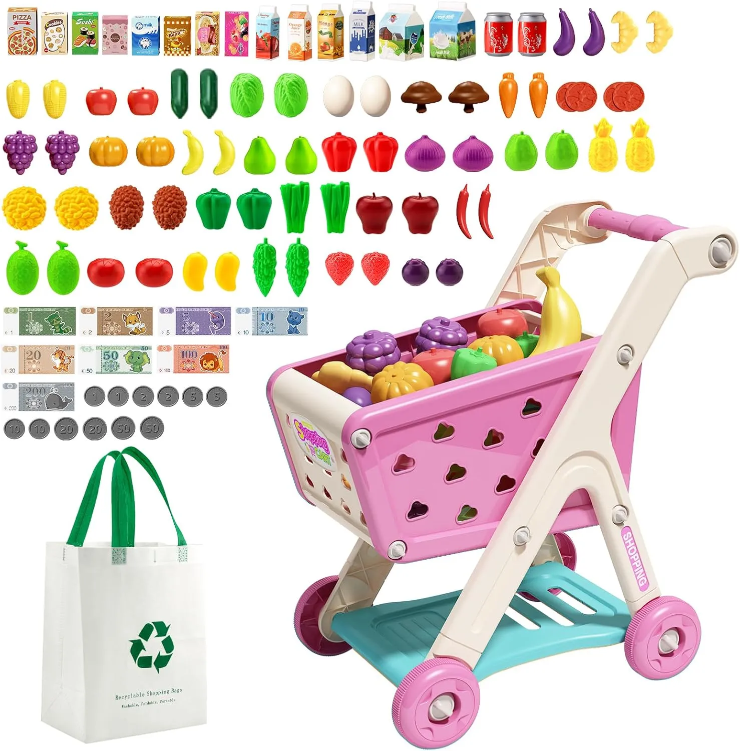 98pcs Kids Shopping Cart Trolley Play Set with Pretend Food and Accessories,Perfect for Ages 3  Pretend Play and Role-Playing Games (Pink)