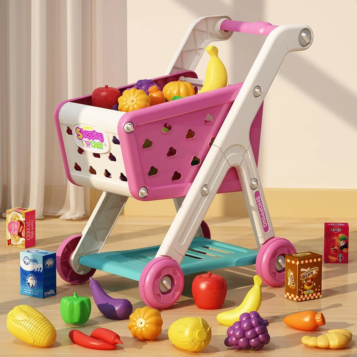 98pcs Kids Shopping Cart Trolley Play Set with Pretend Food and Accessories,Perfect for Ages 3  Pretend Play and Role-Playing Games (Pink)