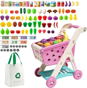 98pcs Kids Shopping Cart Trolley Play Set with Pretend Food and Accessories,Perfect for Ages 3  Pretend Play and Role-Playing Games (Pink)