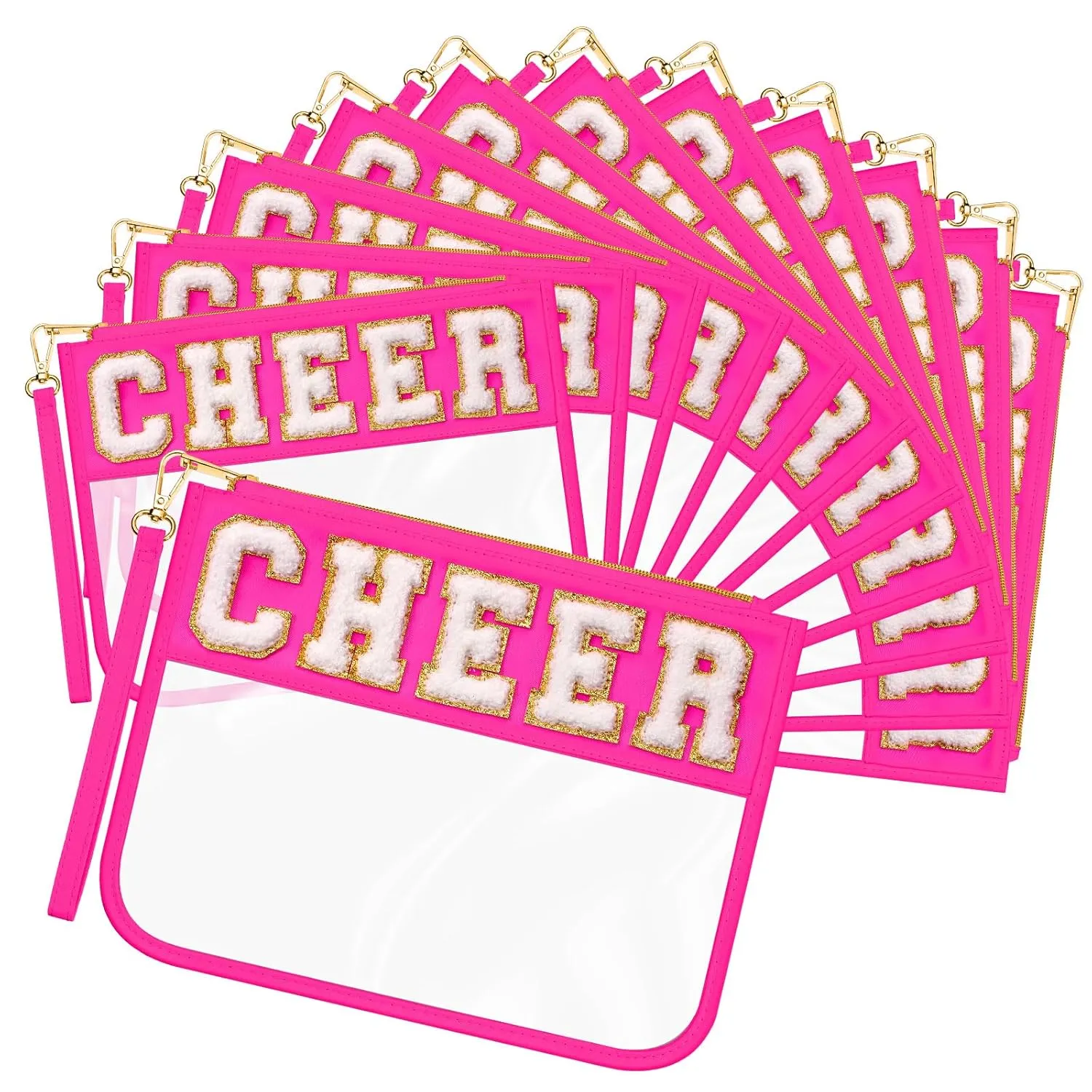 Abbylike 12 Pcs Snack Bags Clear Chenille Letter Cheer Zipper Pouch Waterproof PVC Large Travel Makeup Cosmetic Storage Organizer Bag for Mom Team Cheerleaders Teacher (Rose Red)