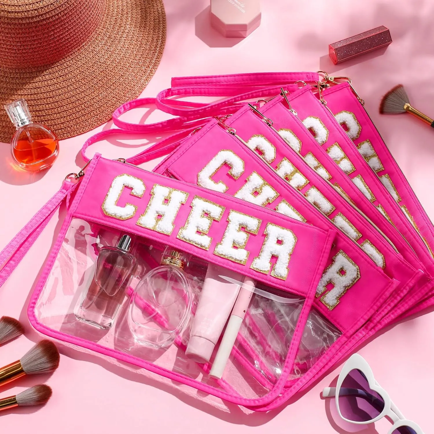 Abbylike 12 Pcs Snack Bags Clear Chenille Letter Cheer Zipper Pouch Waterproof PVC Large Travel Makeup Cosmetic Storage Organizer Bag for Mom Team Cheerleaders Teacher (Rose Red)