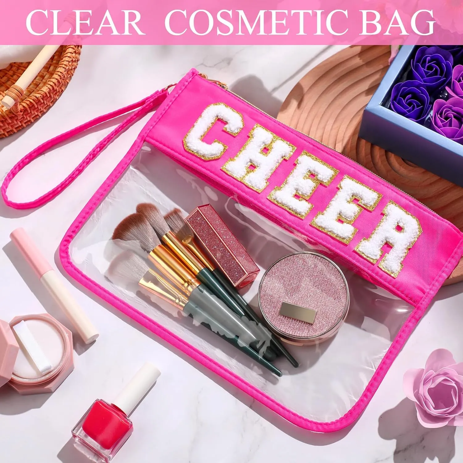 Abbylike 12 Pcs Snack Bags Clear Chenille Letter Cheer Zipper Pouch Waterproof PVC Large Travel Makeup Cosmetic Storage Organizer Bag for Mom Team Cheerleaders Teacher (Rose Red)