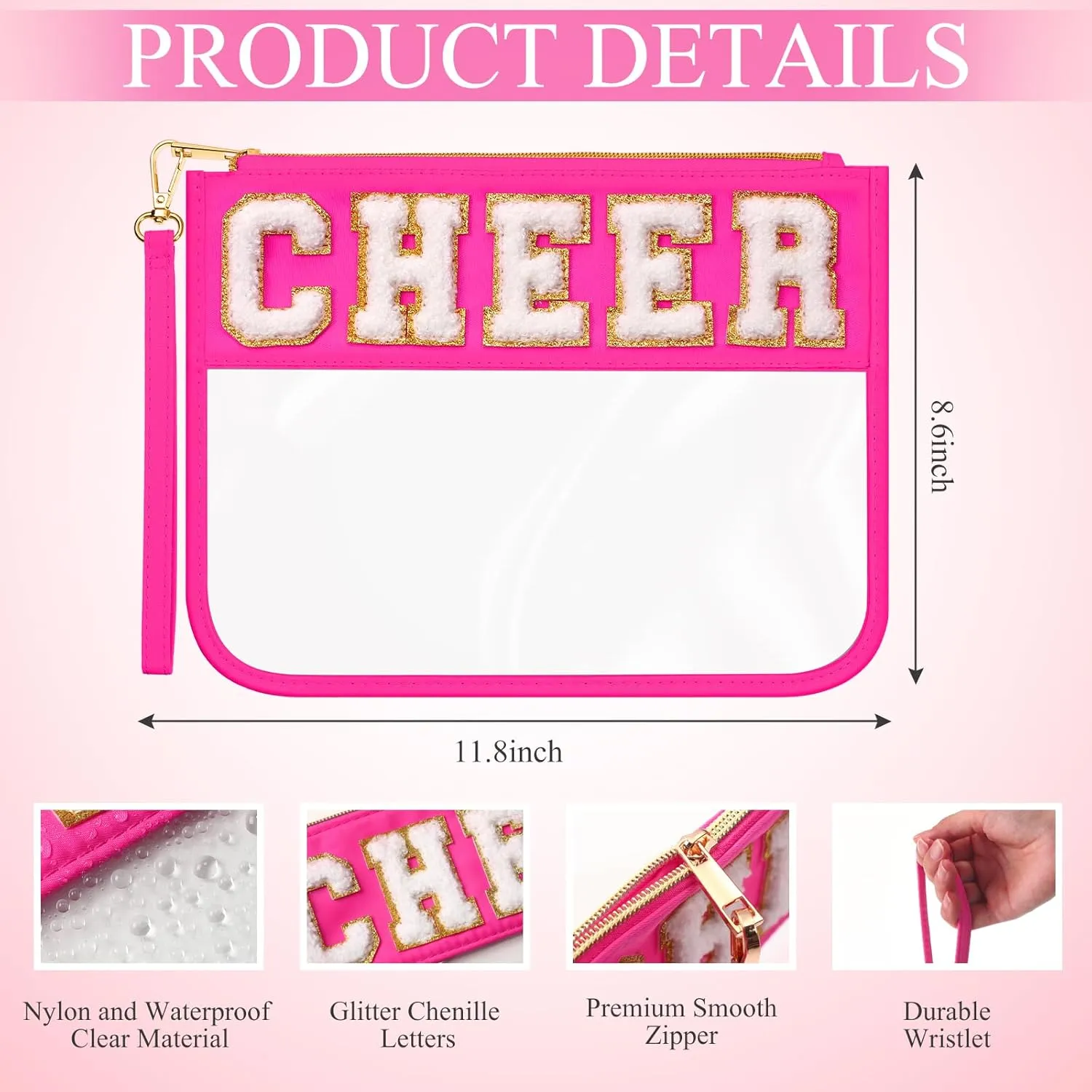 Abbylike 12 Pcs Snack Bags Clear Chenille Letter Cheer Zipper Pouch Waterproof PVC Large Travel Makeup Cosmetic Storage Organizer Bag for Mom Team Cheerleaders Teacher (Rose Red)