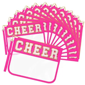 Abbylike 12 Pcs Snack Bags Clear Chenille Letter Cheer Zipper Pouch Waterproof PVC Large Travel Makeup Cosmetic Storage Organizer Bag for Mom Team Cheerleaders Teacher (Rose Red)