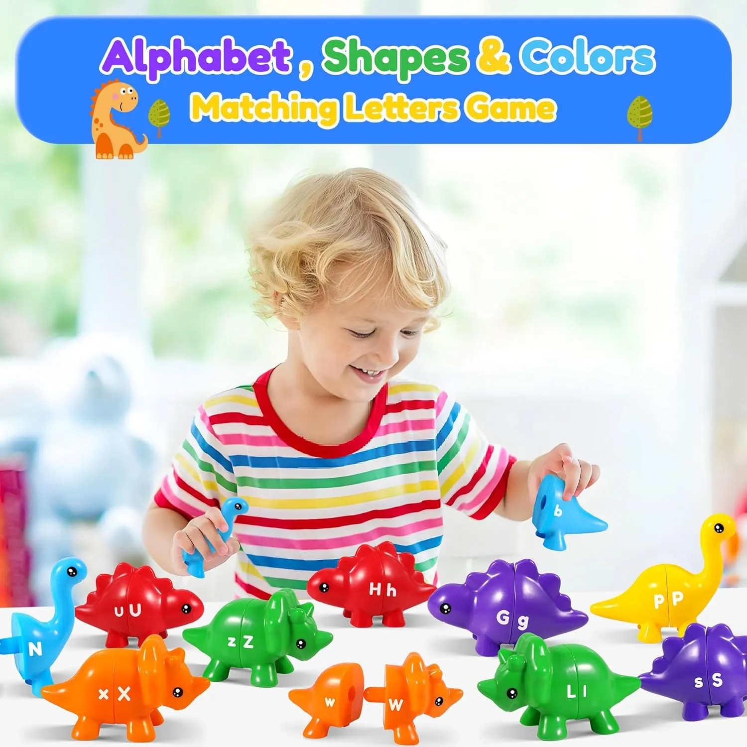 ABC Dinosaur Alphabet Learning Toys for Toddlers,26PCS Montessori Preschool Educational Toy Gift for 3 Year Old Boys and Girl, Double-Sided Dinosaurs Matching Game, Fine Motor Skills Toy, Sensory Toys