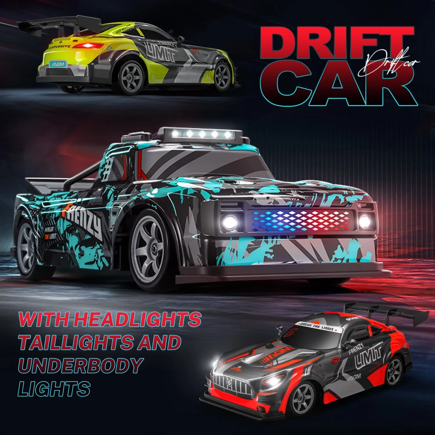 ACAMMZAR 1:16 RC Drift Car, 25KM/H 4WD High Speed Remote Control Cars for Kids, with LED Lights, Two Batteries, Extra Tires, Drift RC Cars for Adults, Green
