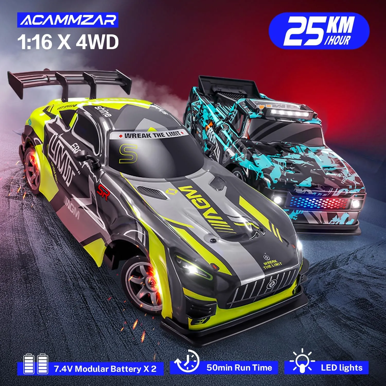 ACAMMZAR 1:16 RC Drift Car, 25KM/H 4WD High Speed Remote Control Cars for Kids, with LED Lights, Two Batteries, Extra Tires, Drift RC Cars for Adults, Green