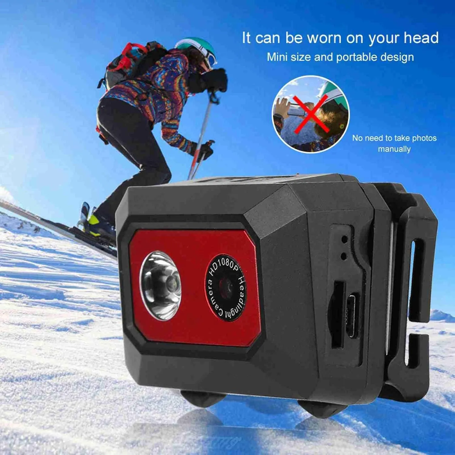Action Camera Super HD 1080P 30FPS 1.3MP, Portable Sports Camera Head Mounted with LED Light 120° Wide Angle for Sports (Black-Red)