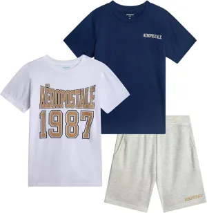 AEROPOSTALE Boys' Active Shorts Set - 3 Piece Performance Jersey Crewneck Graphic Tees and Fleece Shorts Set (Sizes: 8-12)