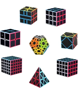 Ahyuan Magic Cube Set - 8 in 1 Bundle with 2x2, 3x3, 4x4, 5x5 Cubes, Pyramid, Triangle, SQ1, Skew, Ivy, Megaminx - Sturdy Carbon Fiber Puzzles for Kids & Adults