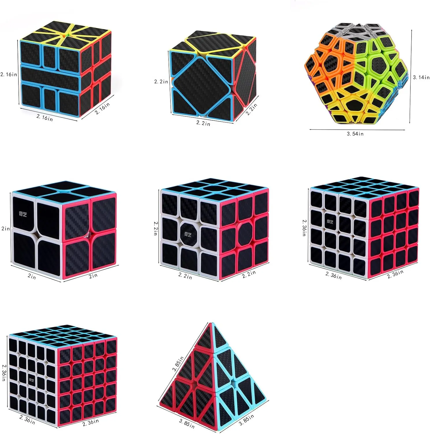Ahyuan Magic Cube Set - 8 in 1 Bundle with 2x2, 3x3, 4x4, 5x5 Cubes, Pyramid, Triangle, SQ1, Skew, Ivy, Megaminx - Sturdy Carbon Fiber Puzzles for Kids & Adults