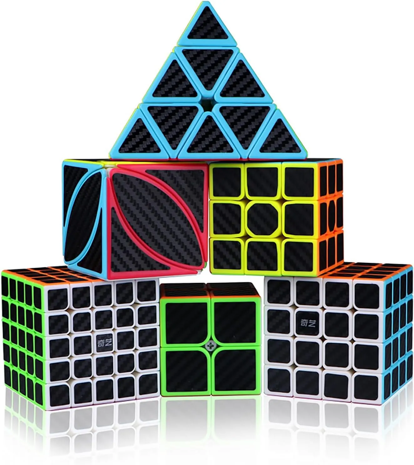 Ahyuan Magic Cube Set - 8 in 1 Bundle with 2x2, 3x3, 4x4, 5x5 Cubes, Pyramid, Triangle, SQ1, Skew, Ivy, Megaminx - Sturdy Carbon Fiber Puzzles for Kids & Adults