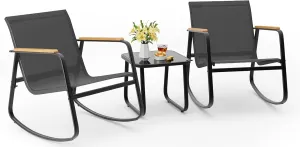 Aiho 3 Piece Rocking Bistro Set, Textilene Fabric Patio Furniture Set, Front Porch Rocker Chairs with Coffee Table for Lawn, Garden, Balcony, Poolside (Black)