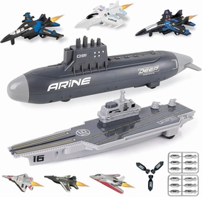 Aircraft Carrier Toy and Submarine Toy Naval Ship with Launching Small Scale Model Fighter Jet Toy and Torpedoes, Ideal Army Toys Set for Kids Boys Girls