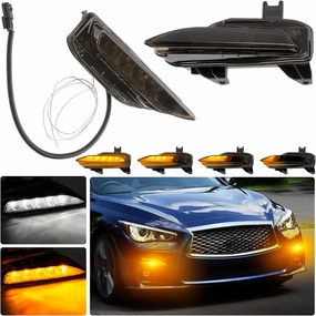 ALAVENTE Front Fog Light for Infiniti Q50 Q50s Sport 2014-2019 with DRL, Front Bumper Fog Lamp Turn Signal Flowing Flashing LED light with Smoke Black Lens, Sequential White/Amber - Upgrade Style