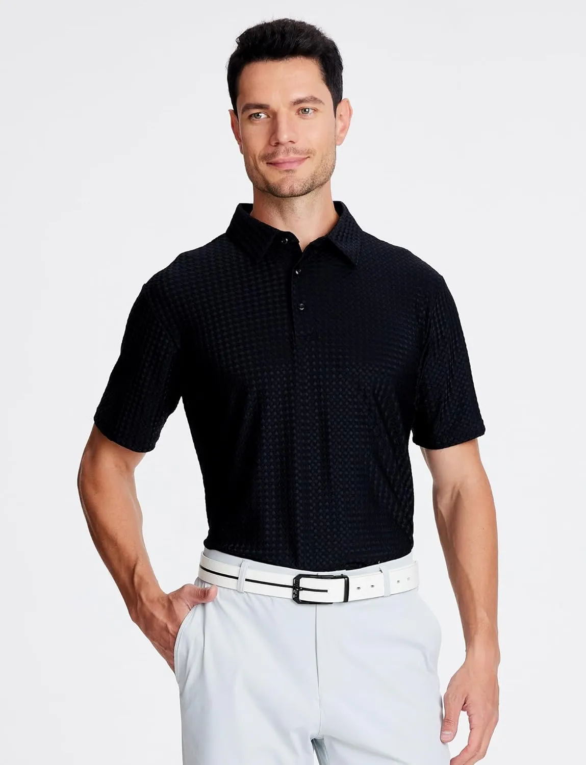 Alex Vando Mens Bubble Jacquard Polo Shirt Super Stretch Short Sleeve Polo Shirts for Men