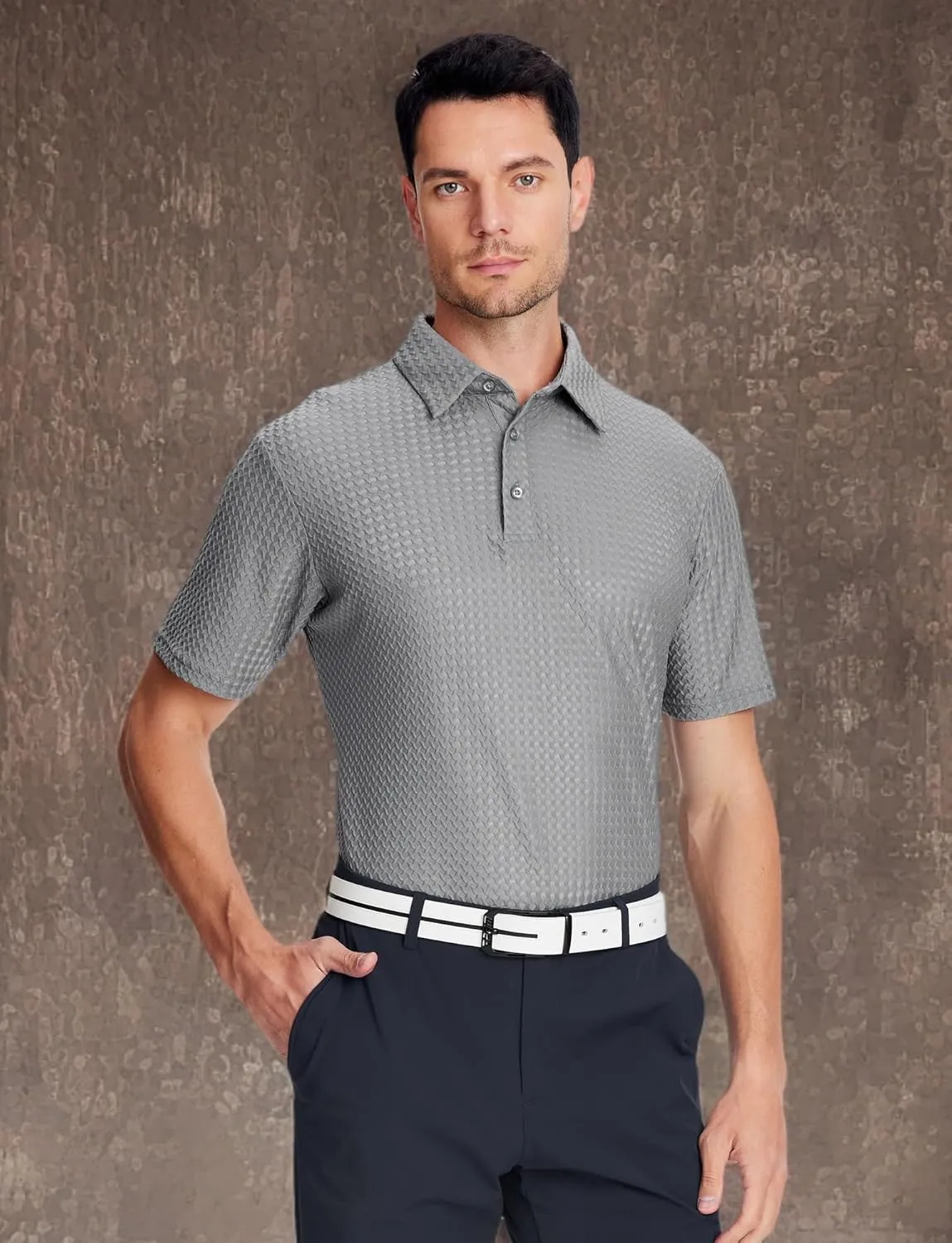 Alex Vando Mens Bubble Jacquard Polo Shirt Super Stretch Short Sleeve Polo Shirts for Men
