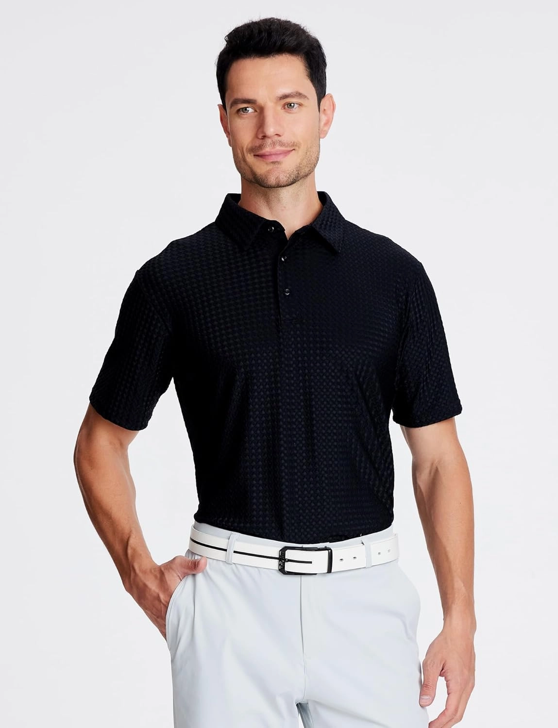 Alex Vando Mens Bubble Jacquard Polo Shirt Super Stretch Short Sleeve Polo Shirts for Men