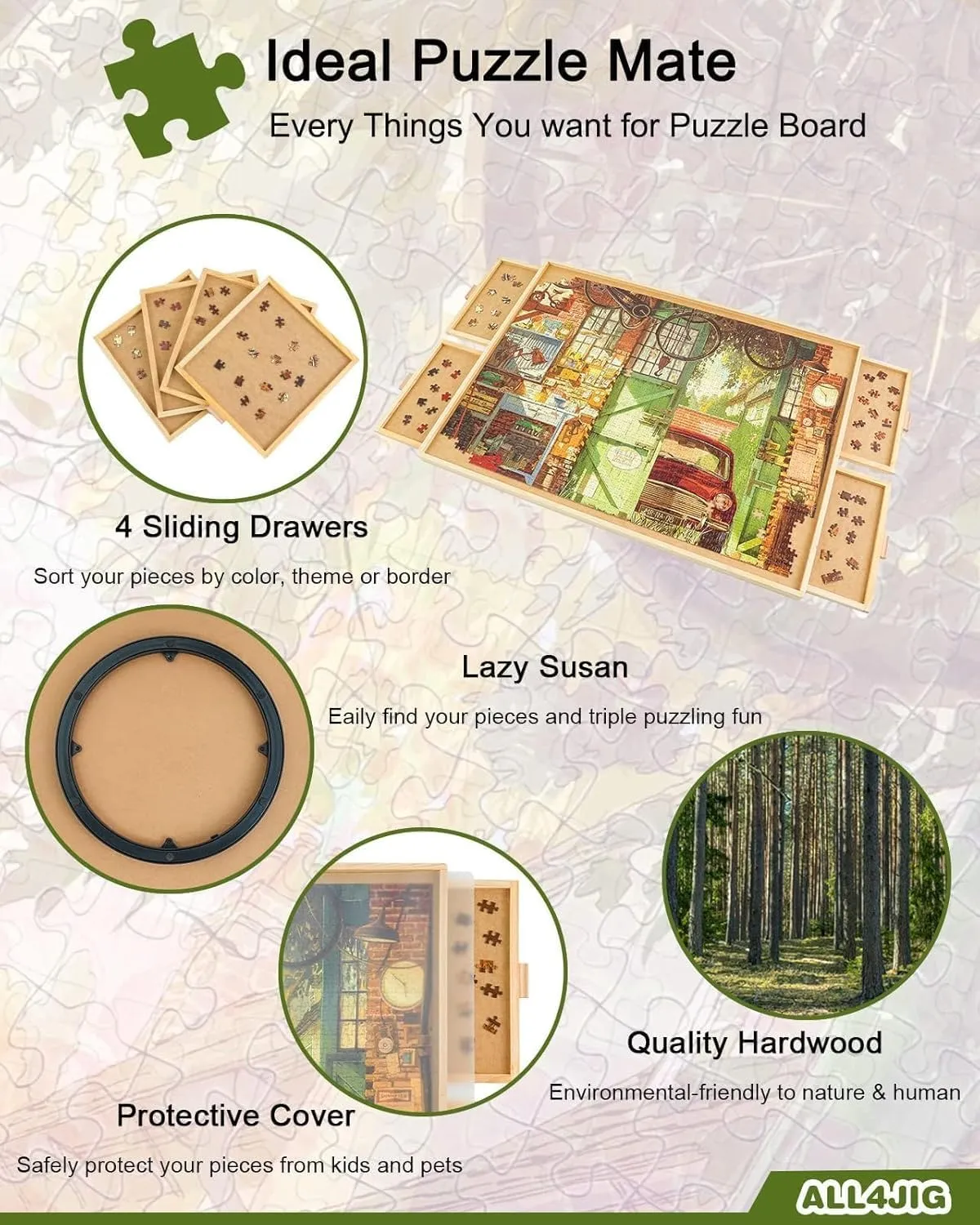 ALL4JIG 1500 Piece Rotating Puzzle Board with Drawers and Cover,25"x34"Portable Wooden Jigsaw Puzzle Table for Adults Portable,Lazy Susan Spinning Puzzle Boards Birthday Gift for mom