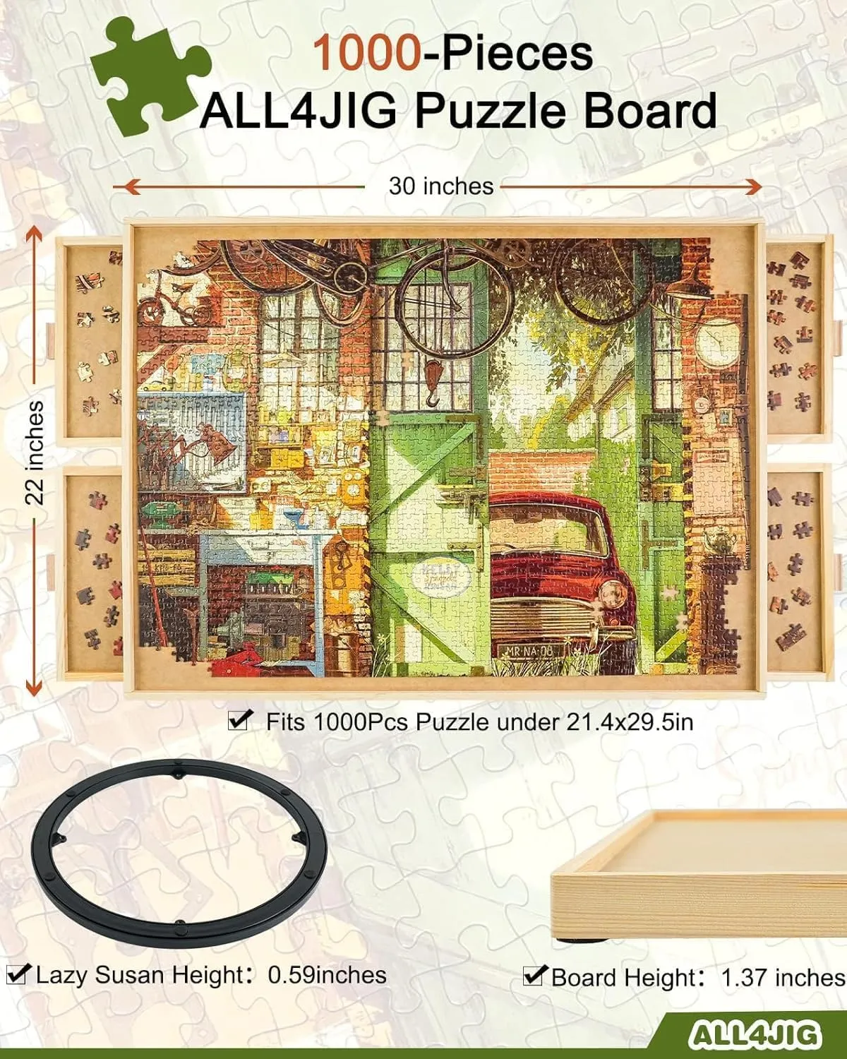 ALL4JIG 1500 Piece Rotating Puzzle Board with Drawers and Cover,25"x34"Portable Wooden Jigsaw Puzzle Table for Adults Portable,Lazy Susan Spinning Puzzle Boards Birthday Gift for mom
