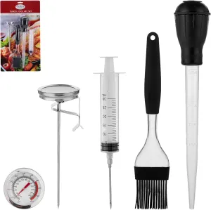 Alpine Cuisine Turkey Tool 4 Pc Set with Meat Thermometer Marinade Brush Turkey Baster for Cooking BBQ Injector | Easy To Clean & Durable Blister Card Packing | Suitable for Home Poultry Beef Chicken