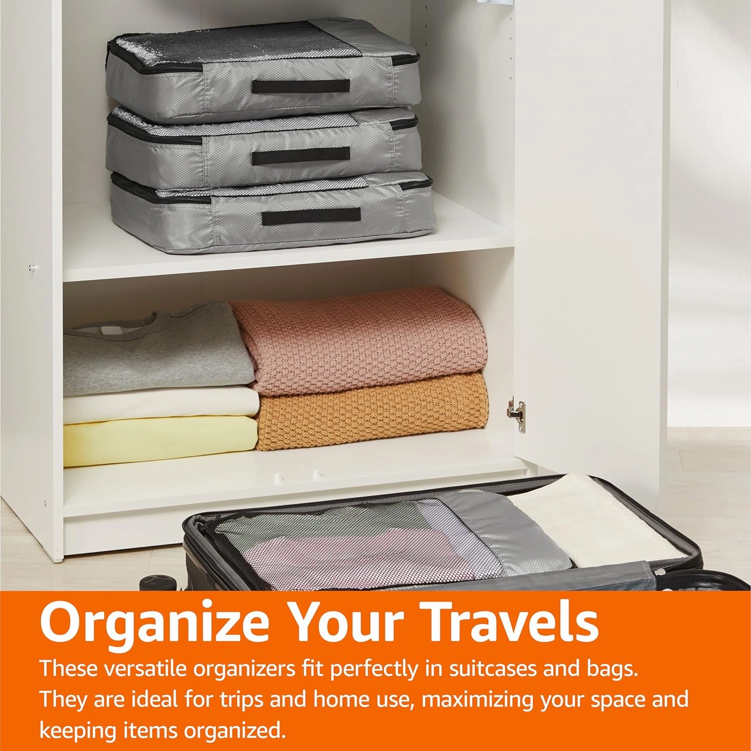 Amazon Basics 4 Piece Packing Cubes Travel Organizer Set with Double Zipper, Mesh Top, Large, Gray