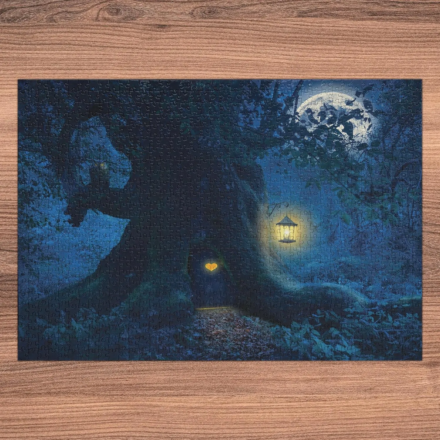 Ambesonne Fantasy Jigsaw Puzzle, Night with a Little Home in The Trunk of an Tree in The Woods Print, Heirloom-Quality Fun Activity for Family Durable Cardboard, 1000 pcs, Navy Blue