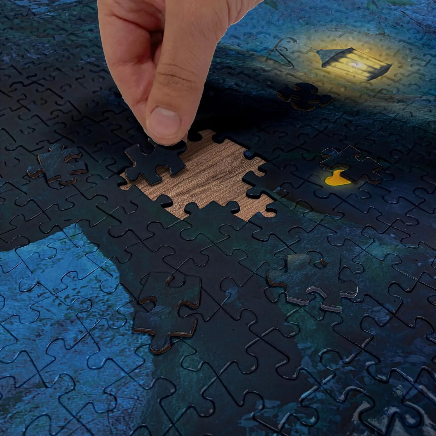 Ambesonne Fantasy Jigsaw Puzzle, Night with a Little Home in The Trunk of an Tree in The Woods Print, Heirloom-Quality Fun Activity for Family Durable Cardboard, 1000 pcs, Navy Blue