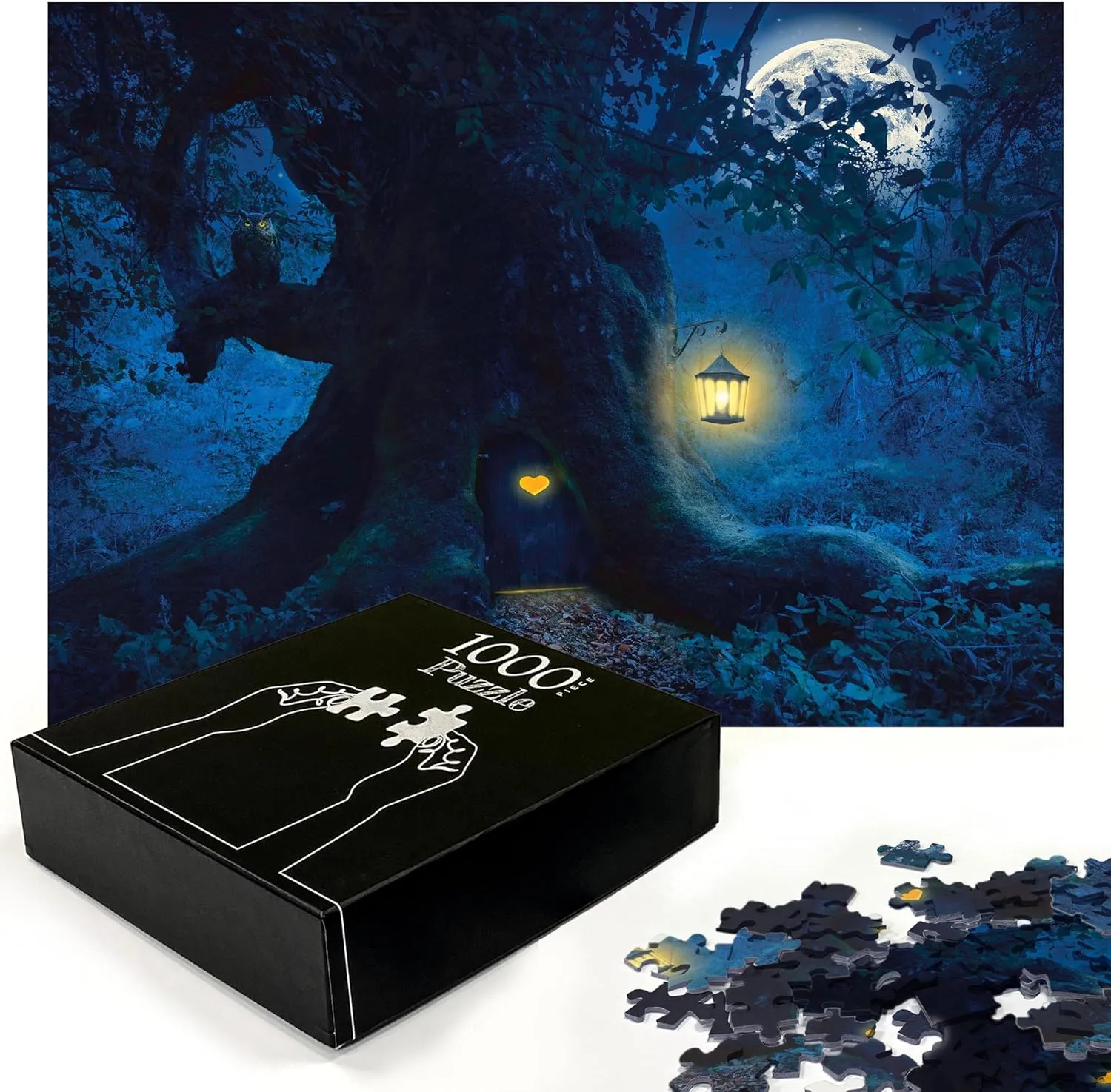 Ambesonne Fantasy Jigsaw Puzzle, Night with a Little Home in The Trunk of an Tree in The Woods Print, Heirloom-Quality Fun Activity for Family Durable Cardboard, 1000 pcs, Navy Blue