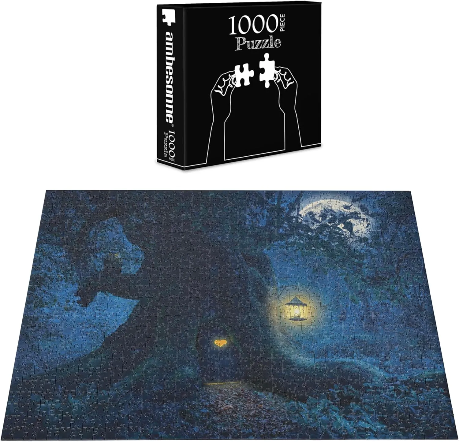 Ambesonne Fantasy Jigsaw Puzzle, Night with a Little Home in The Trunk of an Tree in The Woods Print, Heirloom-Quality Fun Activity for Family Durable Cardboard, 1000 pcs, Navy Blue
